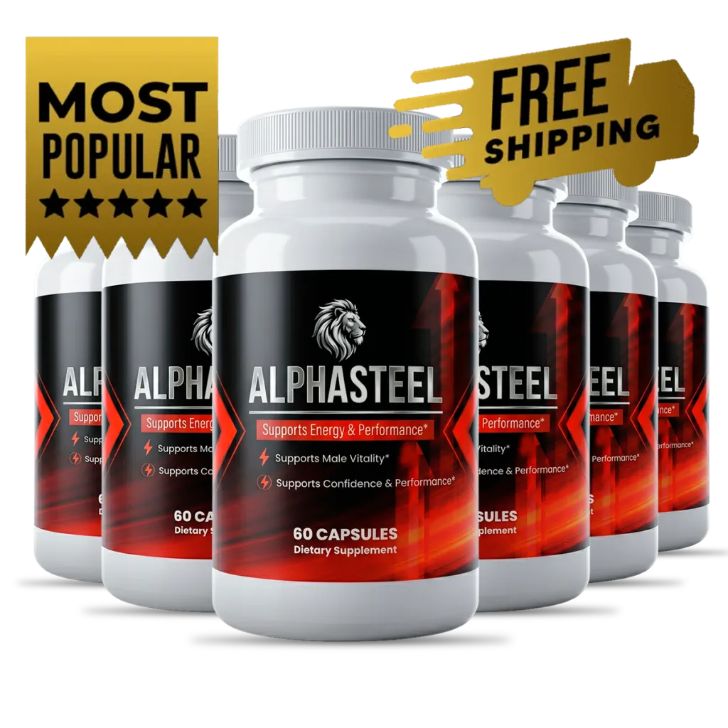 AlphaSteel supplement bottle – 6 bottle pack natural male vitality formula dark red label